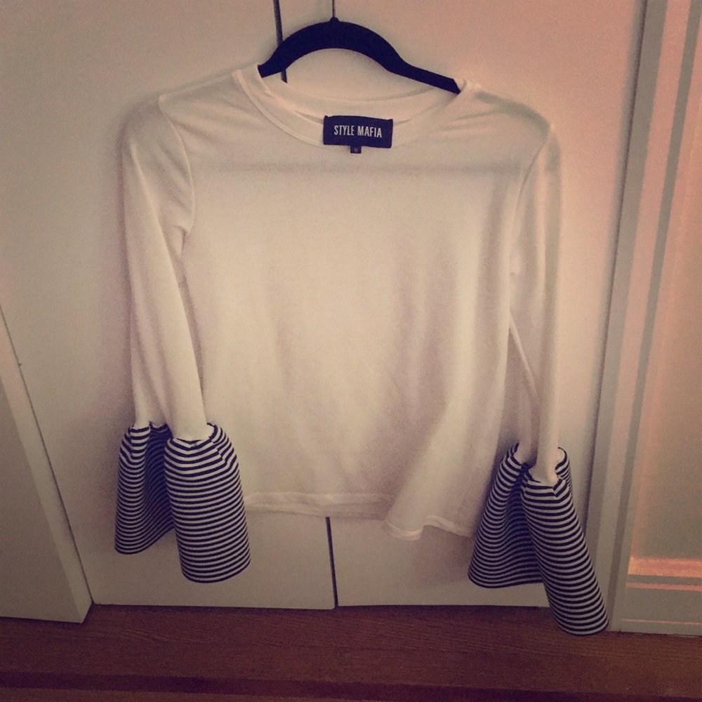 White top with striped bell sleeves